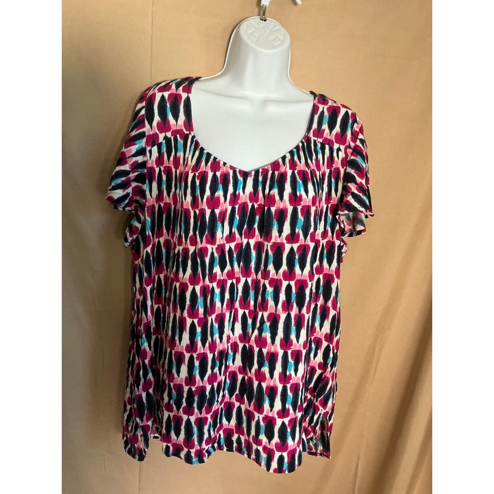 Lane Bryant Blouse Womens 18 Pink Blue Geometric Ikat Scoop Neck Excellent Short